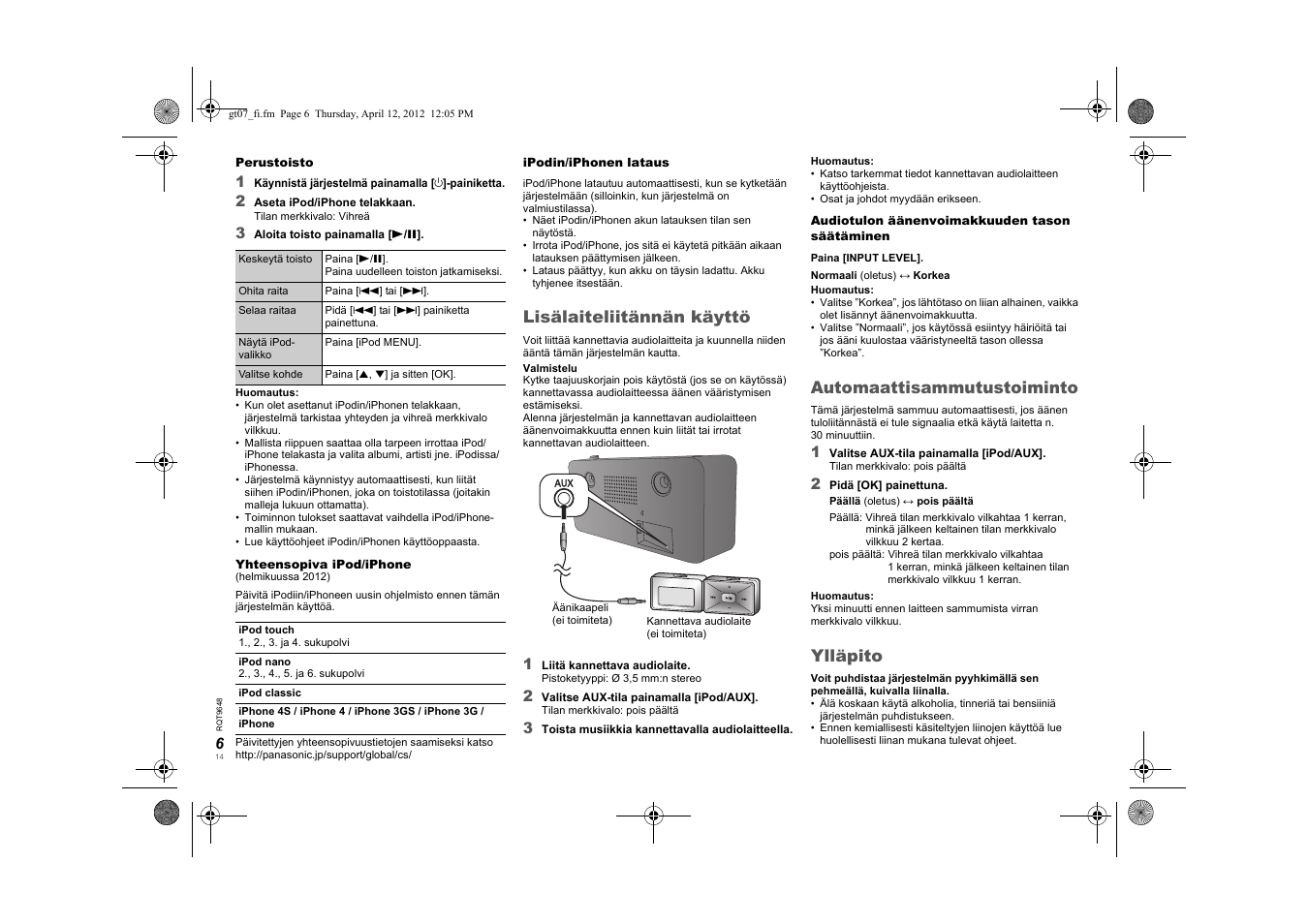 Lisälaiteliitännän käyttö, Automaattisammutustoiminto, Ylläpito | Panasonic SCGT07E User Manual | Page 14 / 36