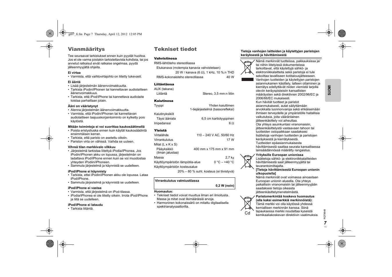 Vianmääritys, Tekniset tiedot | Panasonic SCGT07E User Manual | Page 15 / 36