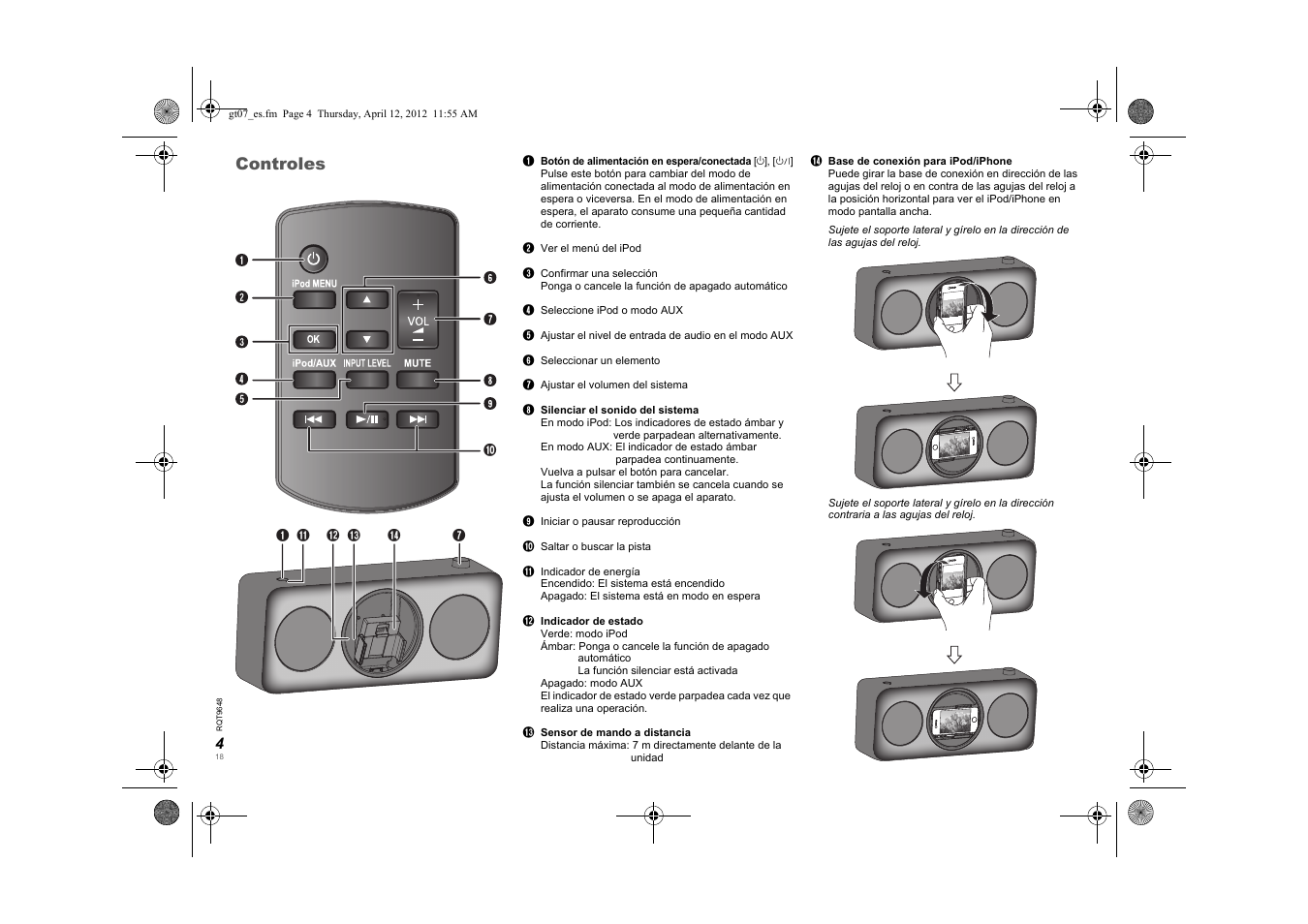 Aa b c d, Controles | Panasonic SCGT07E User Manual | Page 18 / 36