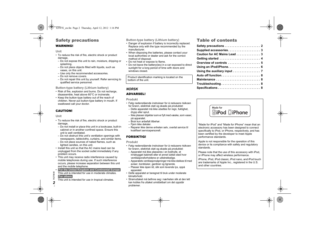 Panasonic SCGT07E User Manual | Page 2 / 36