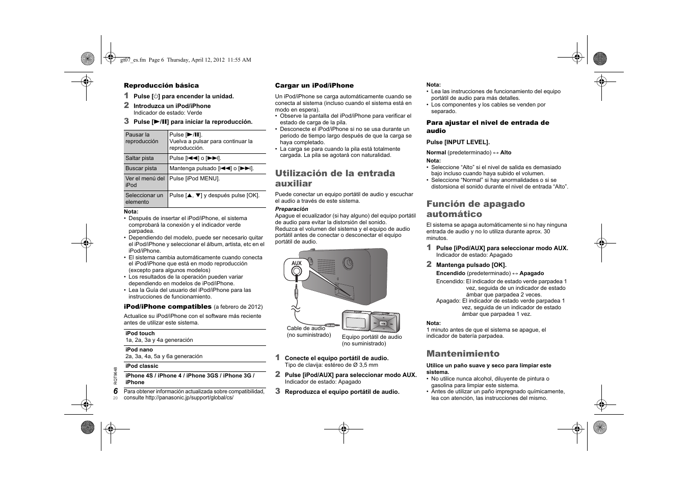 Utilización de la entrada auxiliar, Función de apagado automático, Mantenimiento | Panasonic SCGT07E User Manual | Page 20 / 36