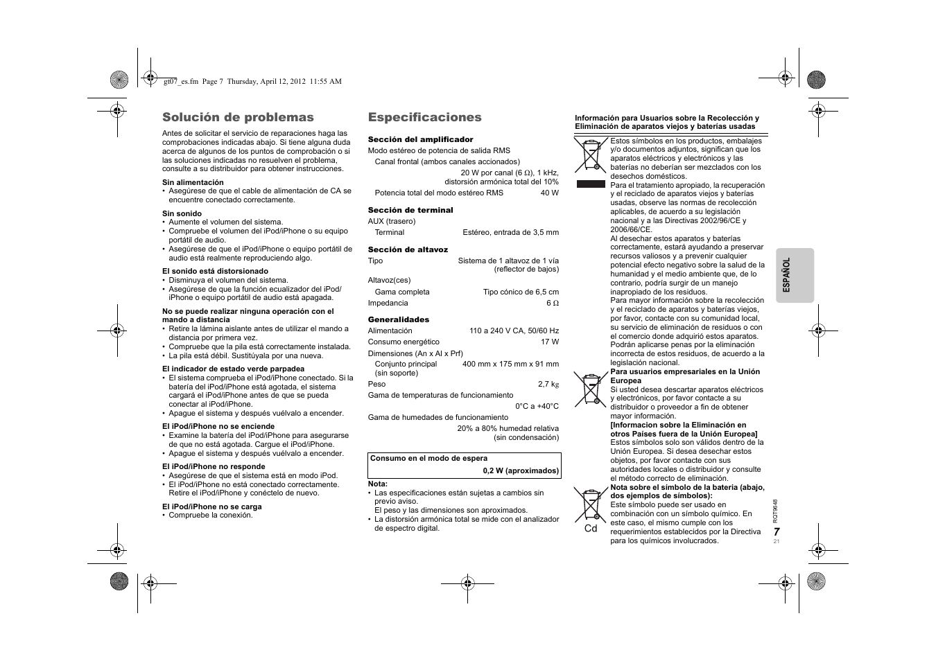 Solución de problemas, Especificaciones | Panasonic SCGT07E User Manual | Page 21 / 36