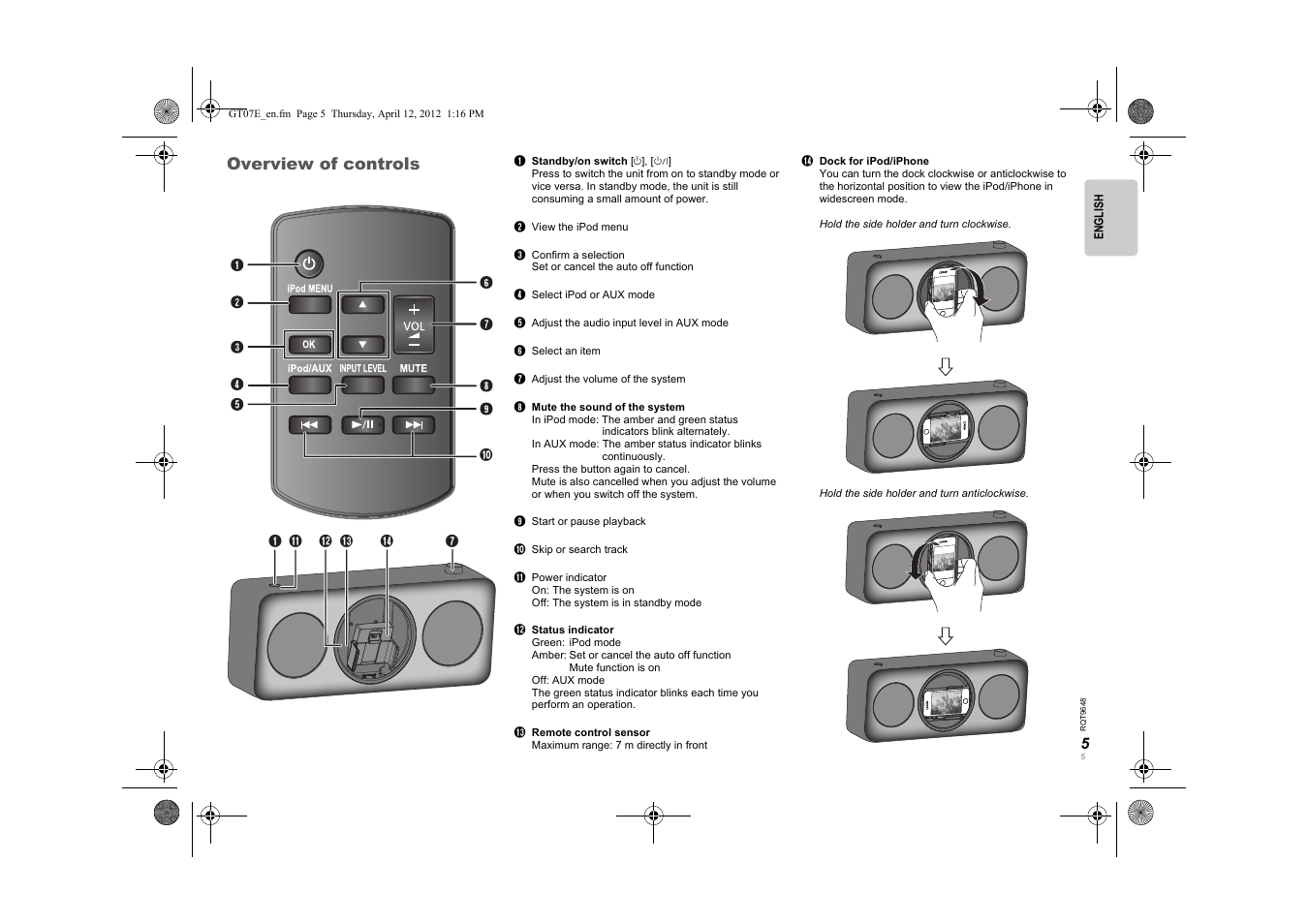 Aa b c d, Overview of controls | Panasonic SCGT07E User Manual | Page 5 / 36