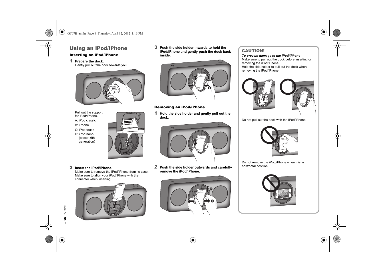 Using an ipod/iphone | Panasonic SCGT07E User Manual | Page 6 / 36