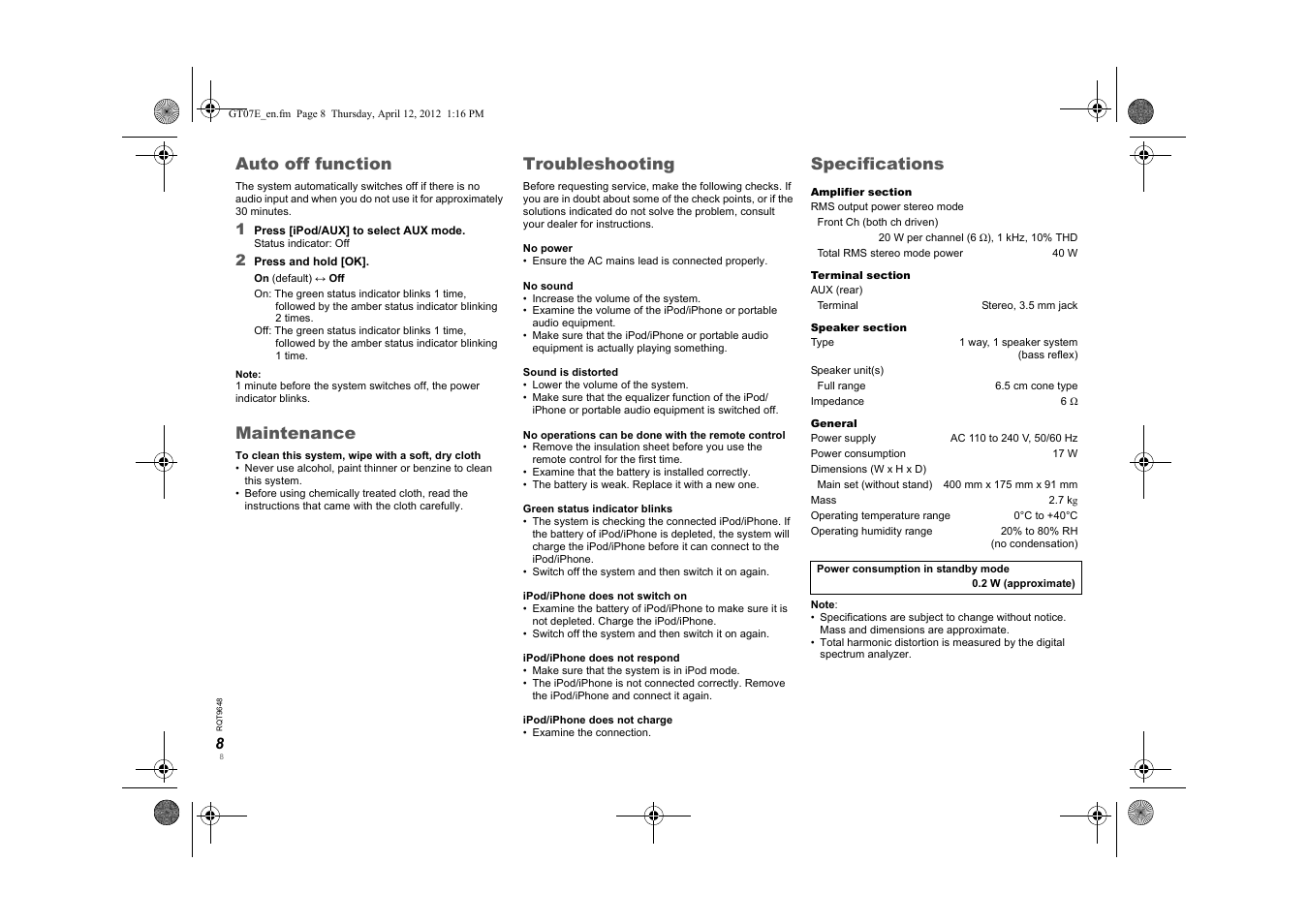 Auto off function, Maintenance, Troubleshooting | Specifications | Panasonic SCGT07E User Manual | Page 8 / 36