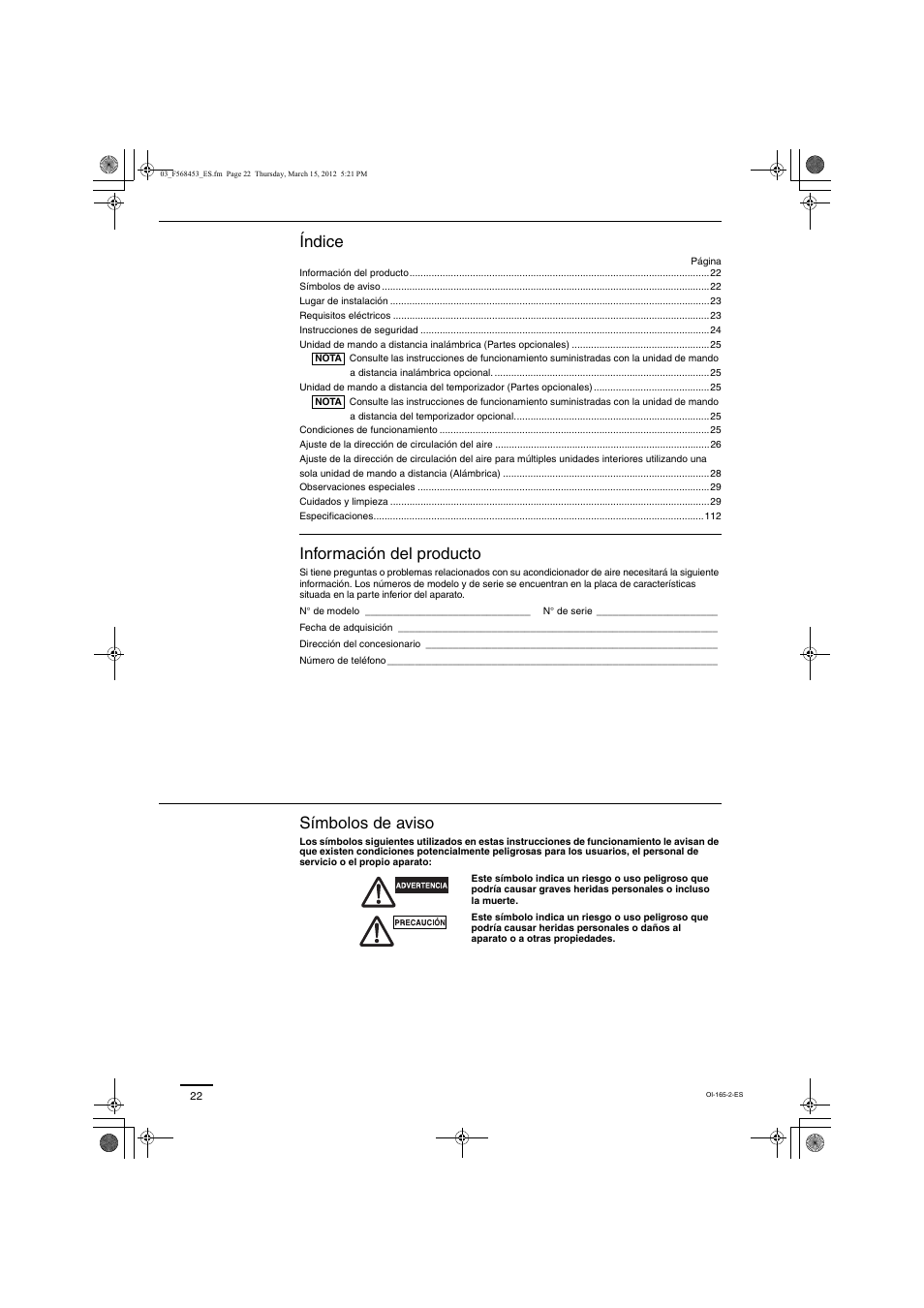 Índice, Información del producto, Símbolos de aviso | Panasonic U16ME1E81 User Manual | Page 2 / 21