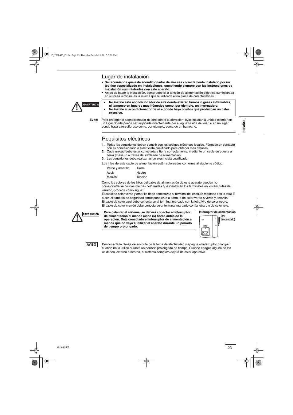 Lugar de instalación, Requisitos eléctricos | Panasonic U16ME1E81 User Manual | Page 3 / 21