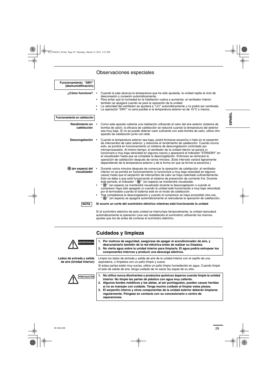 Observaciones especiales cuidados y limpieza | Panasonic U16ME1E81 User Manual | Page 9 / 21