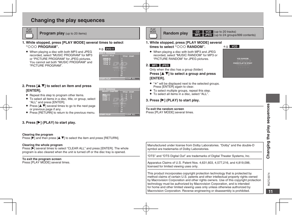 Changing the play sequences, Changing the play sequences program play, Random play | Panasonic DVDS1 User Manual | Page 11 / 20