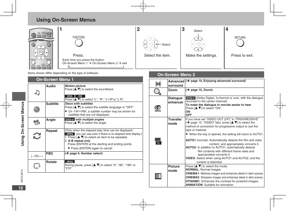 Using on-screen menus, On-screen menu 1 on-screen menu 2 | Panasonic DVDS1 User Manual | Page 12 / 20