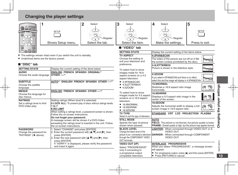 Changing the player settings | Panasonic DVDS1 User Manual | Page 13 / 20