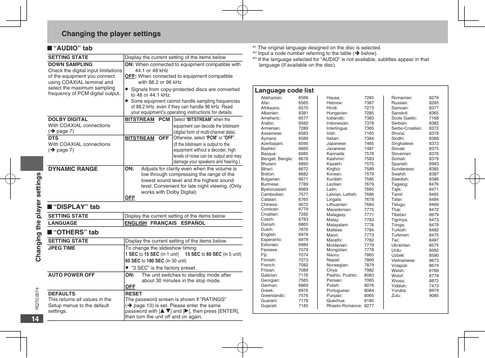 14 changing the player settings, Audio” tab, Display” tab | Others” tab, Language code list changing the player settings | Panasonic DVDS1 User Manual | Page 14 / 20