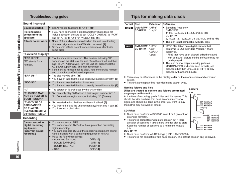 Tips for making data discs, 16 troubleshooting guide | Panasonic DVDS1 User Manual | Page 16 / 20