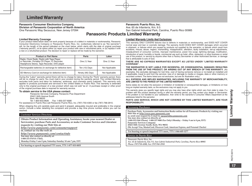 Panasonic products limited warranty, Limited warranty | Panasonic DVDS1 User Manual | Page 17 / 20