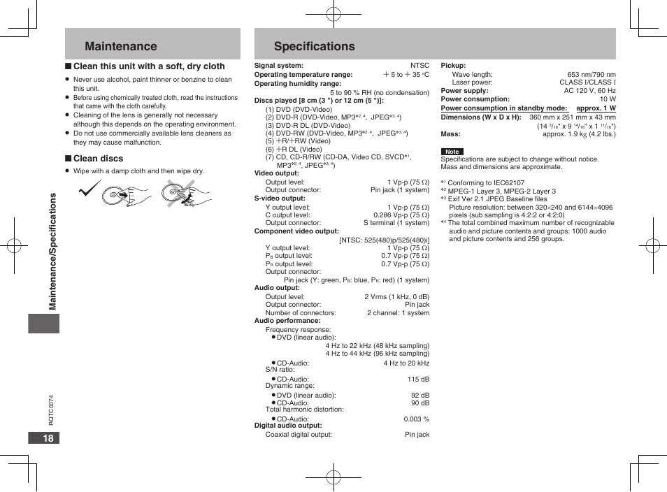 Maintenance, Specifications | Panasonic DVDS1 User Manual | Page 18 / 20