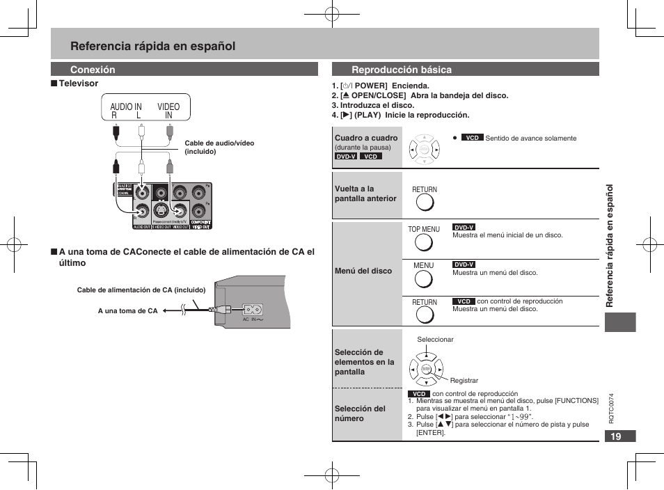 Referencia rápida en español | Panasonic DVDS1 User Manual | Page 19 / 20