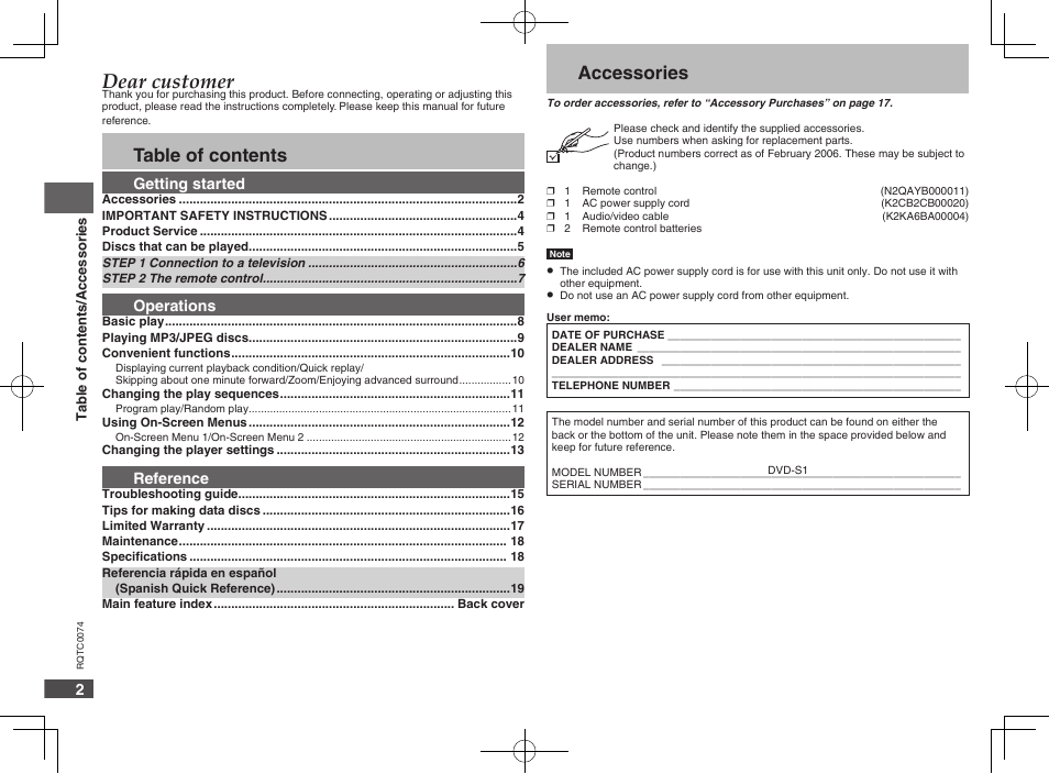 Dear customer, Accessories table of contents, Getting started | Operations, Reference | Panasonic DVDS1 User Manual | Page 2 / 20