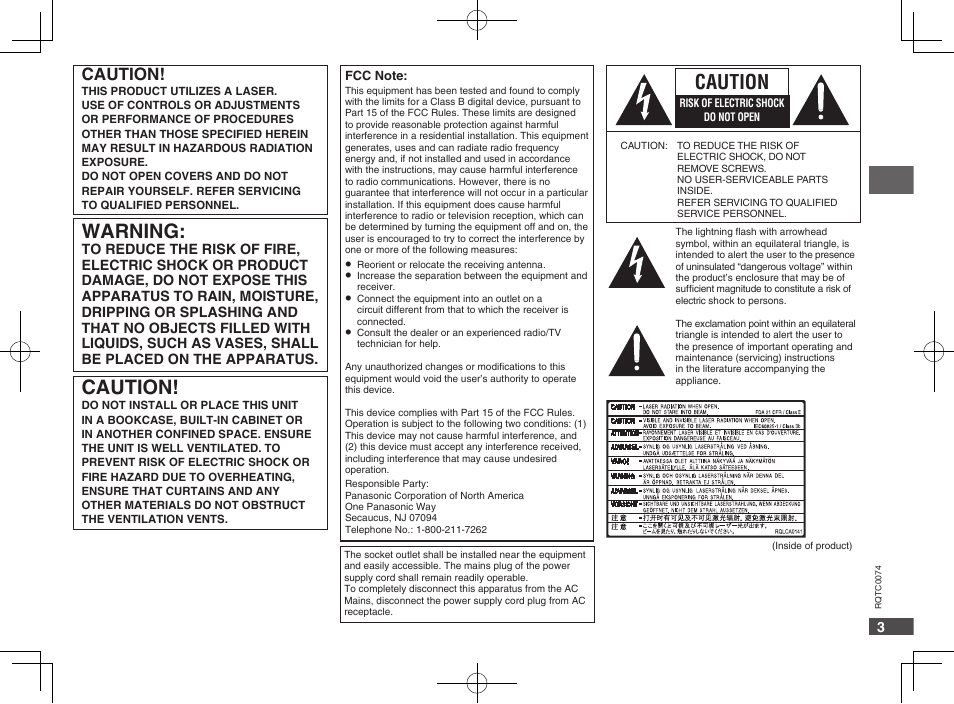 Warning, Caution | Panasonic DVDS1 User Manual | Page 3 / 20