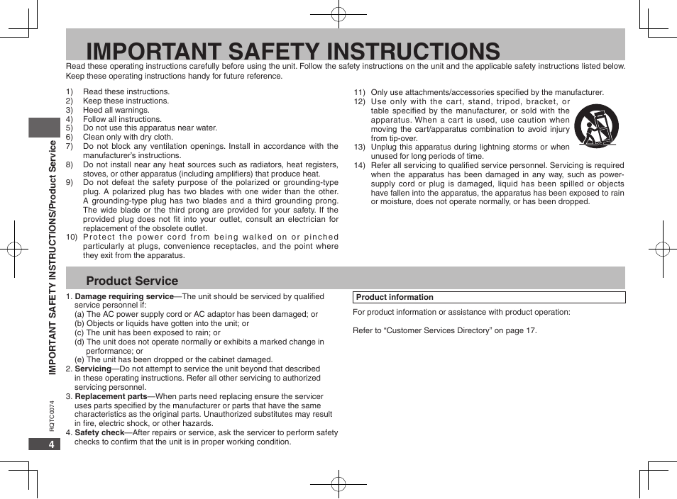 Important safety instructions, Product service | Panasonic DVDS1 User Manual | Page 4 / 20