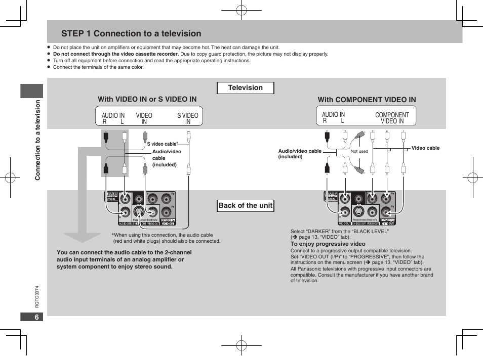 Step 1 connection to a television | Panasonic DVDS1 User Manual | Page 6 / 20