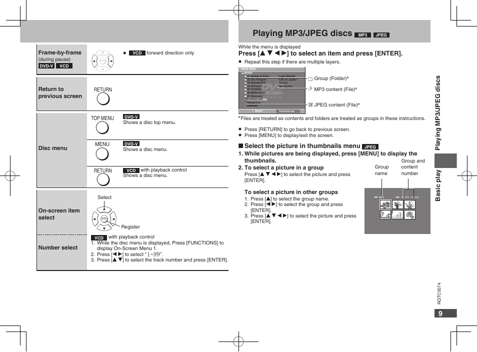 Basic play playing mp3/jpeg discs | Panasonic DVDS1 User Manual | Page 9 / 20