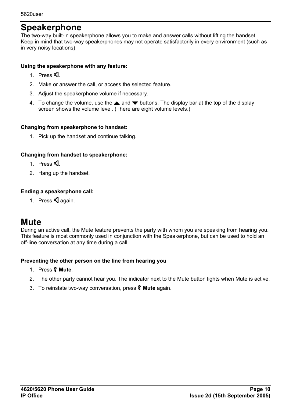 Speakerphone, Mute | Avaya 5620 User Manual | Page 10 / 44