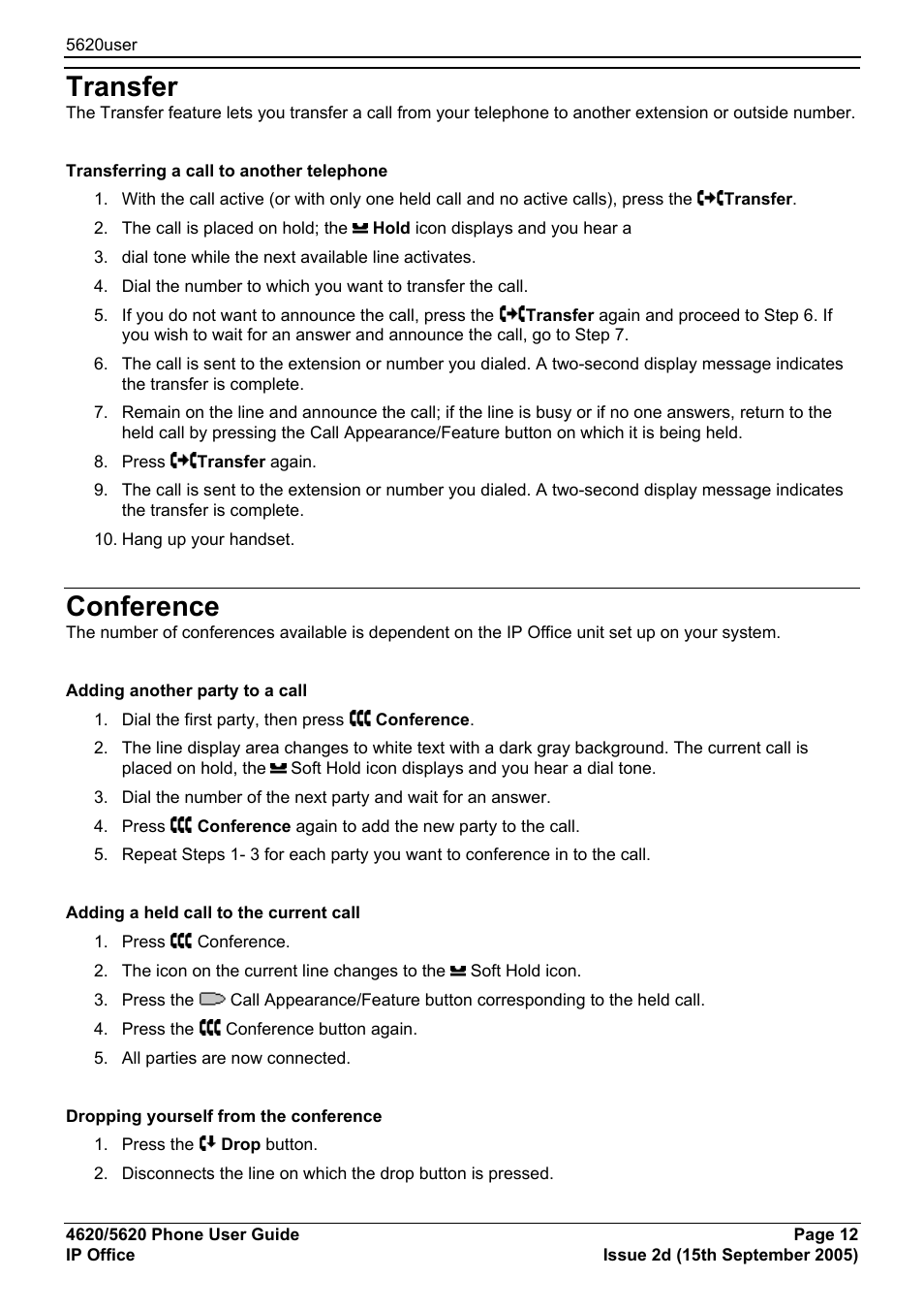 Transfer, Conference, Basic call handling | Avaya 5620 User Manual | Page 12 / 44