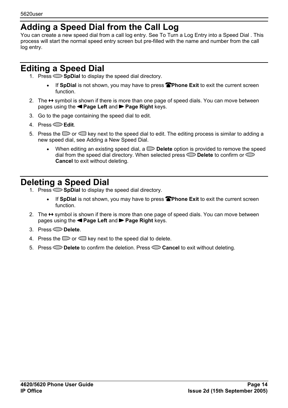 Adding a speed dial from the call log, Editing a speed dial, Deleting a speed dial | Avaya 5620 User Manual | Page 14 / 44