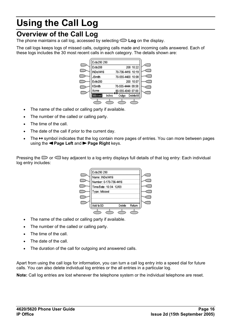 Using the call log, Overview of the call log | Avaya 5620 User Manual | Page 16 / 44