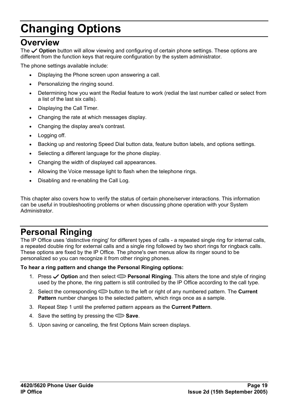 Changing options, Overview, Personal ringing | Avaya 5620 User Manual | Page 19 / 44