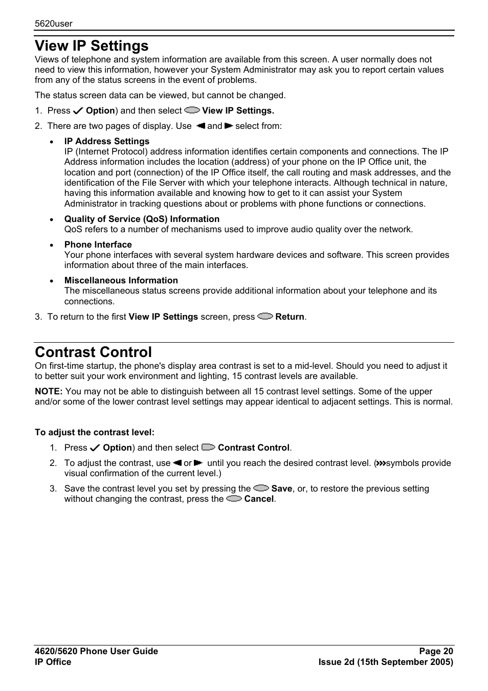 View ip settings, Contrast control | Avaya 5620 User Manual | Page 20 / 44