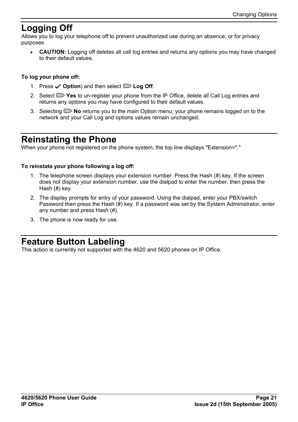 Logging off, Reinstating the phone, Feature button labeling | Avaya 5620 User Manual | Page 21 / 44