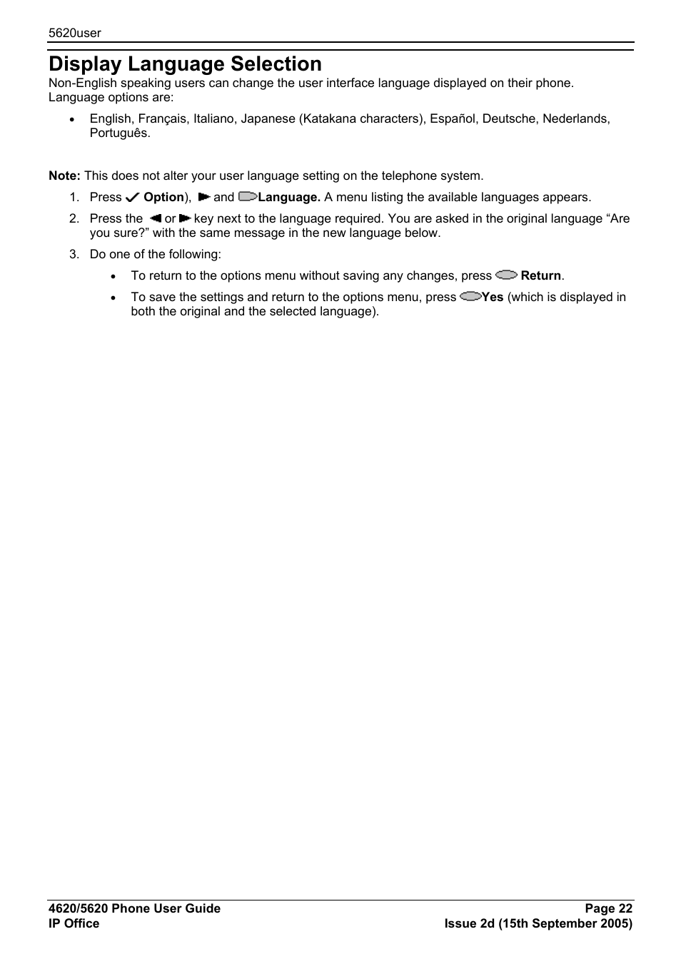 Display language selection | Avaya 5620 User Manual | Page 22 / 44