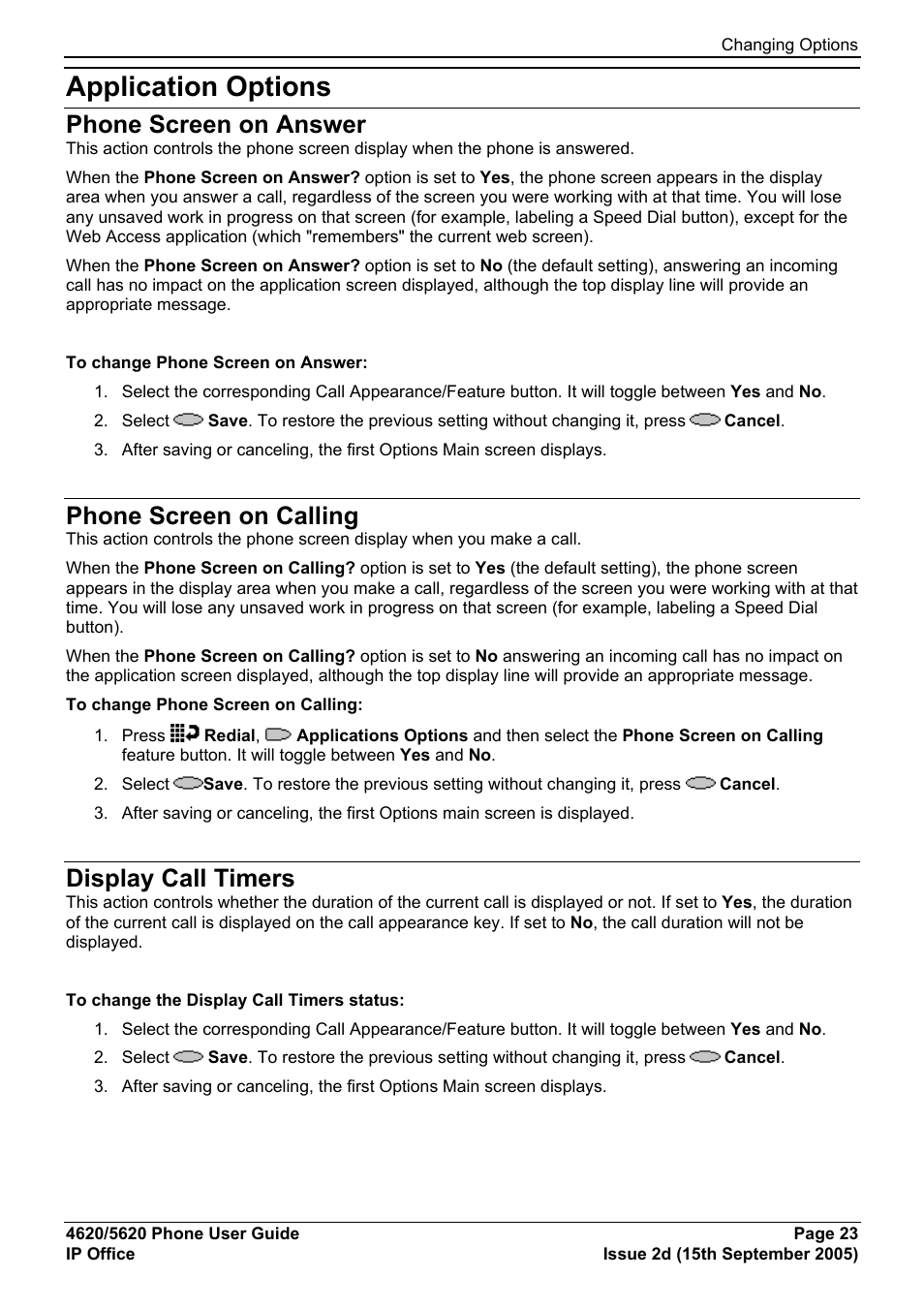 Application options, Phone screen on answer, Phone screen on calling | Display call timers | Avaya 5620 User Manual | Page 23 / 44