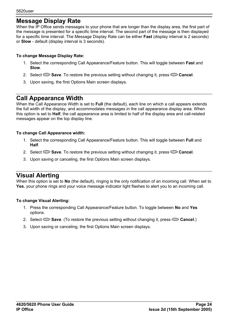 Message display rate, Call appearance width, Visual alerting | Changing options | Avaya 5620 User Manual | Page 24 / 44