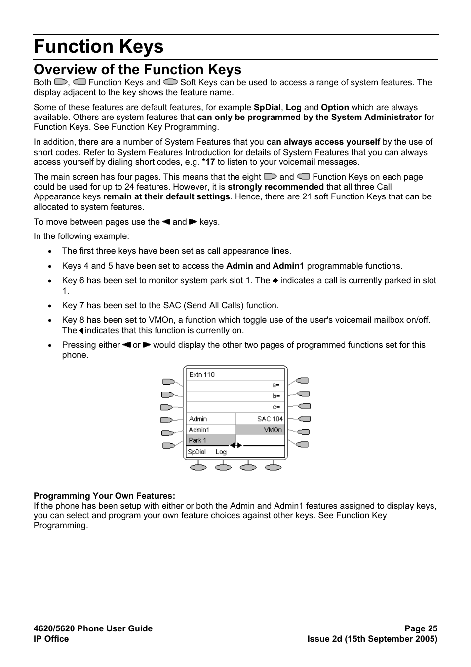 Function keys, Overview of the function keys | Avaya 5620 User Manual | Page 25 / 44