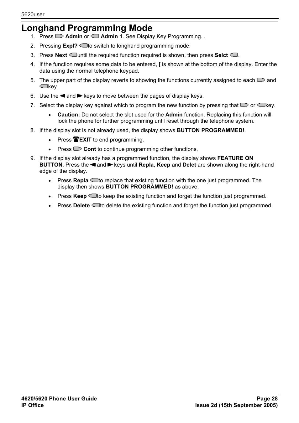 Longhand programming mode, Function keys | Avaya 5620 User Manual | Page 28 / 44