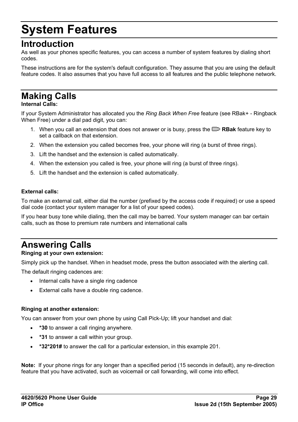 System features, Introduction, Making calls | Answering calls | Avaya 5620 User Manual | Page 29 / 44