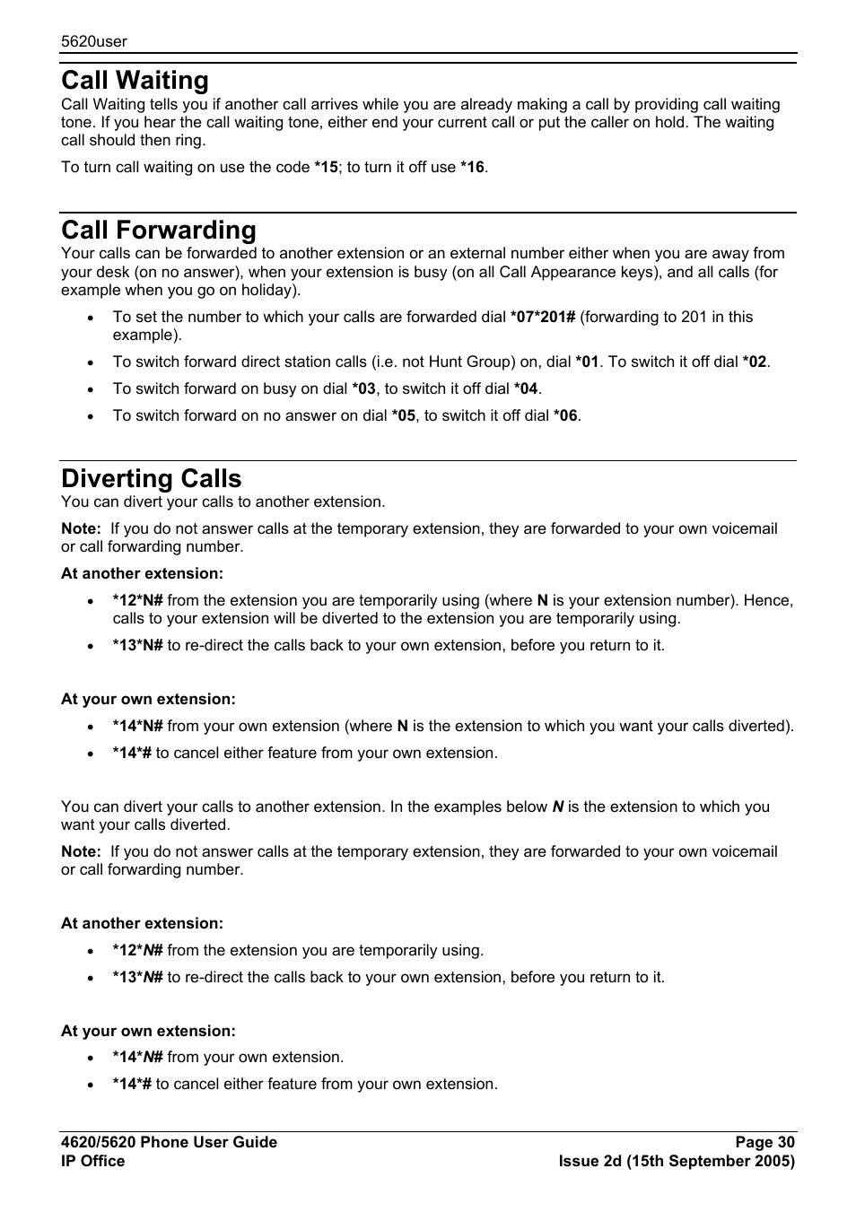 Call waiting, Call forwarding, Diverting calls | Avaya 5620 User Manual | Page 30 / 44