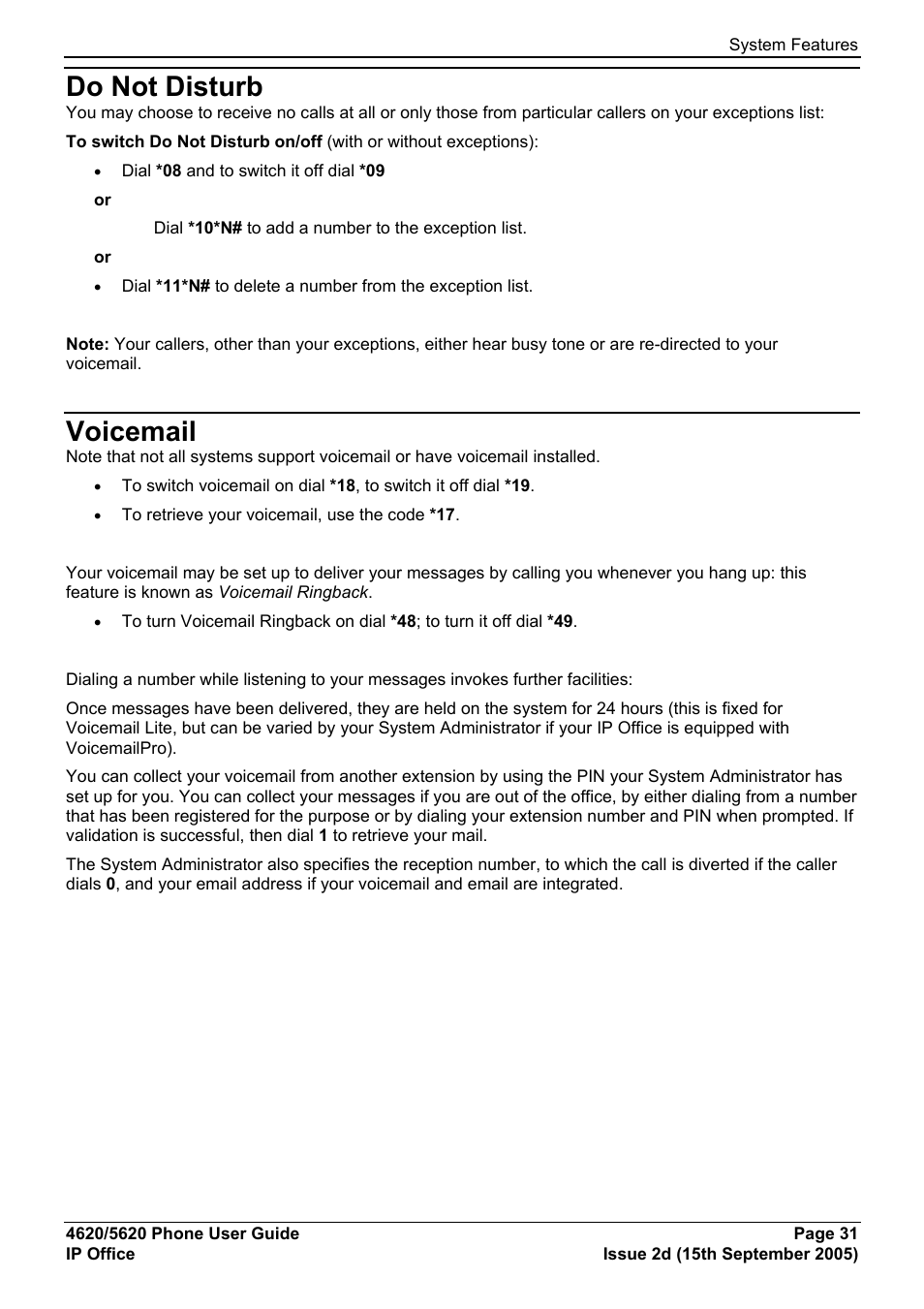 Do not disturb, Voicemail | Avaya 5620 User Manual | Page 31 / 44