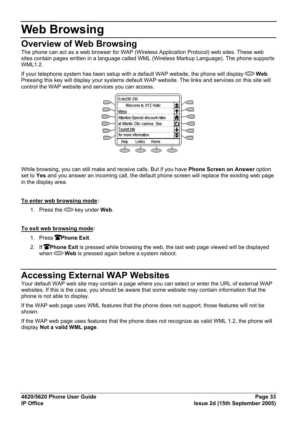 Web browsing, Overview of web browsing, Accessing external wap websites | Avaya 5620 User Manual | Page 33 / 44