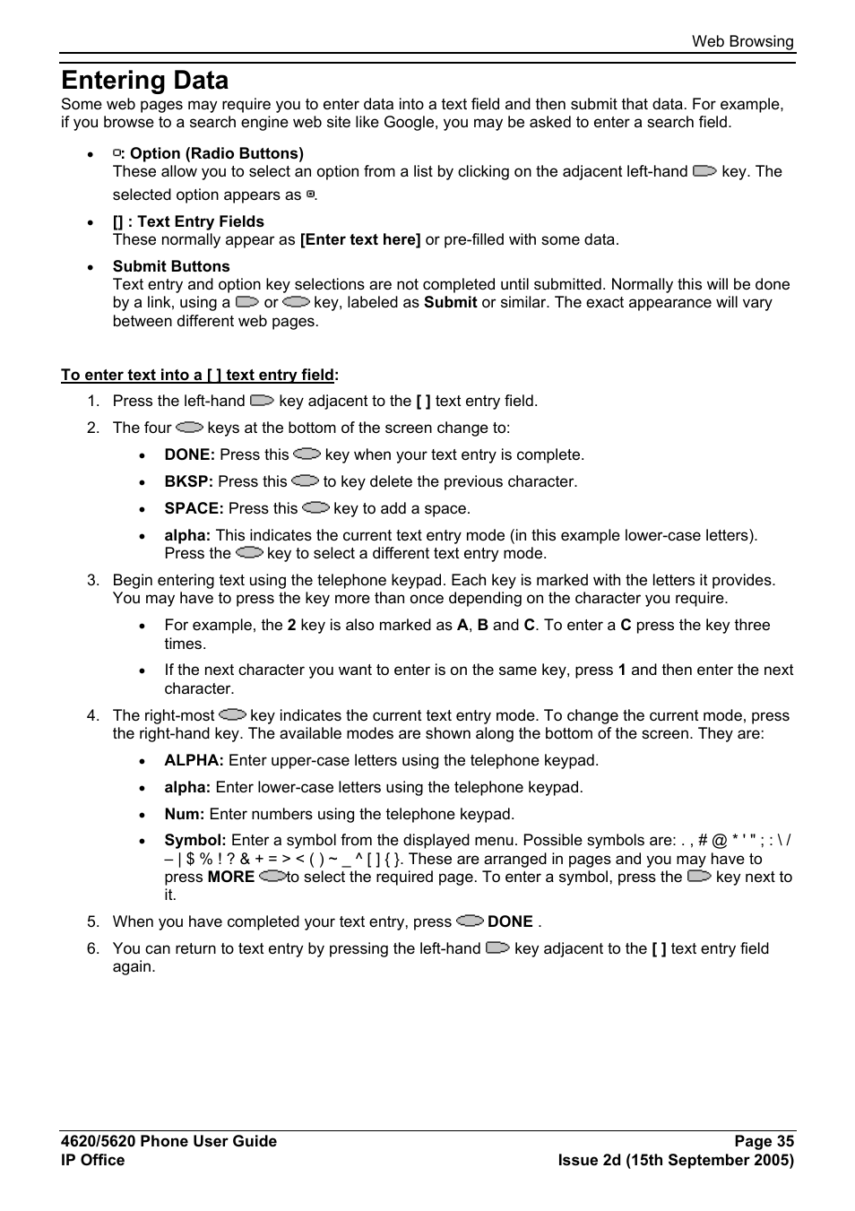 Entering data, Web browsing | Avaya 5620 User Manual | Page 35 / 44