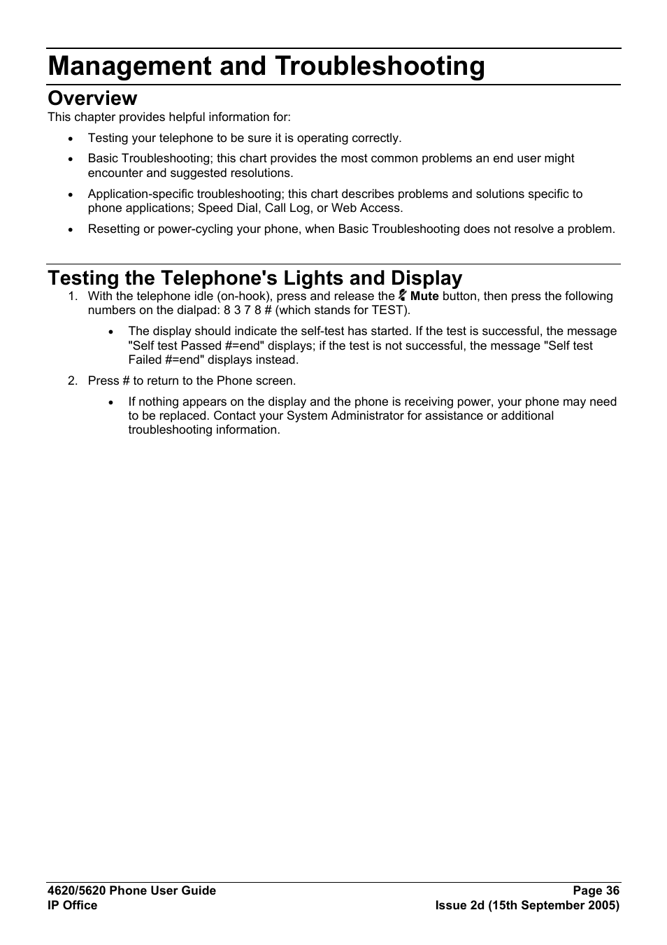 Management and troubleshooting, Overview, Testing the telephone's lights and display | Avaya 5620 User Manual | Page 36 / 44