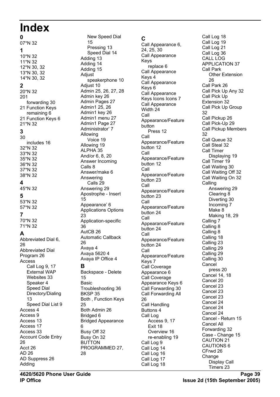 Index | Avaya 5620 User Manual | Page 39 / 44