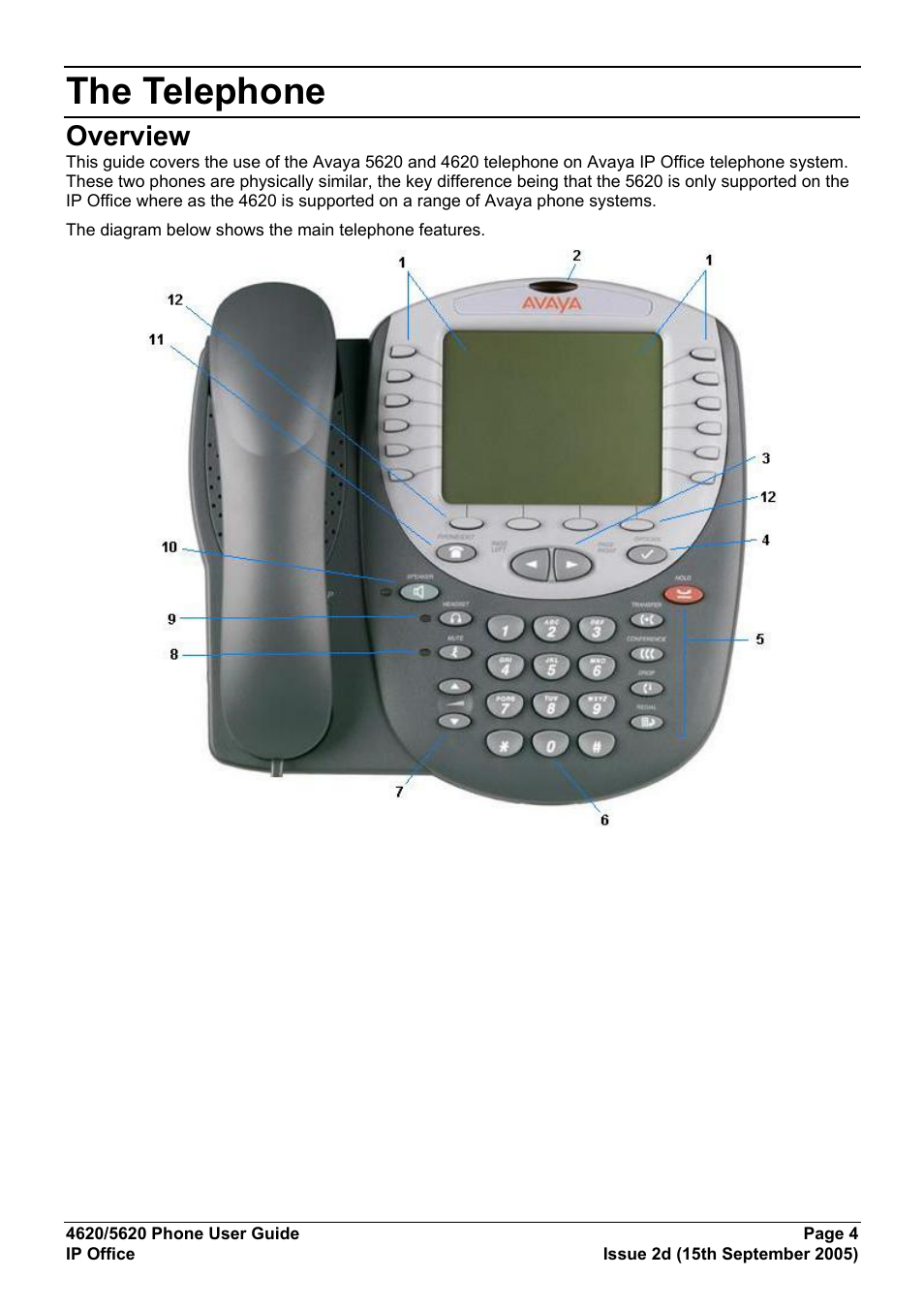 The telephone, Overview | Avaya 5620 User Manual | Page 4 / 44