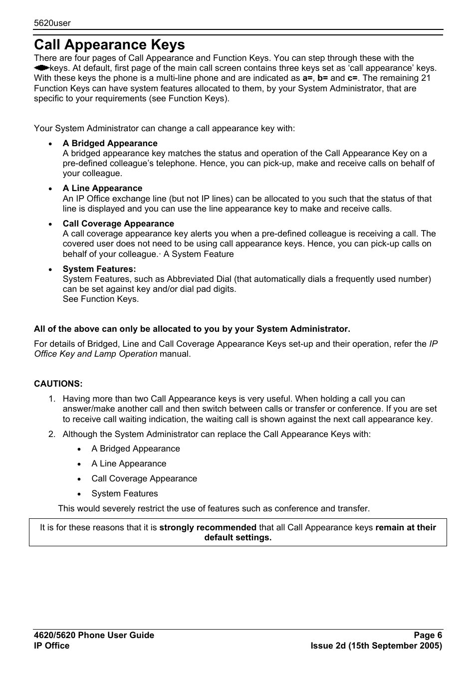 Call appearance keys | Avaya 5620 User Manual | Page 6 / 44