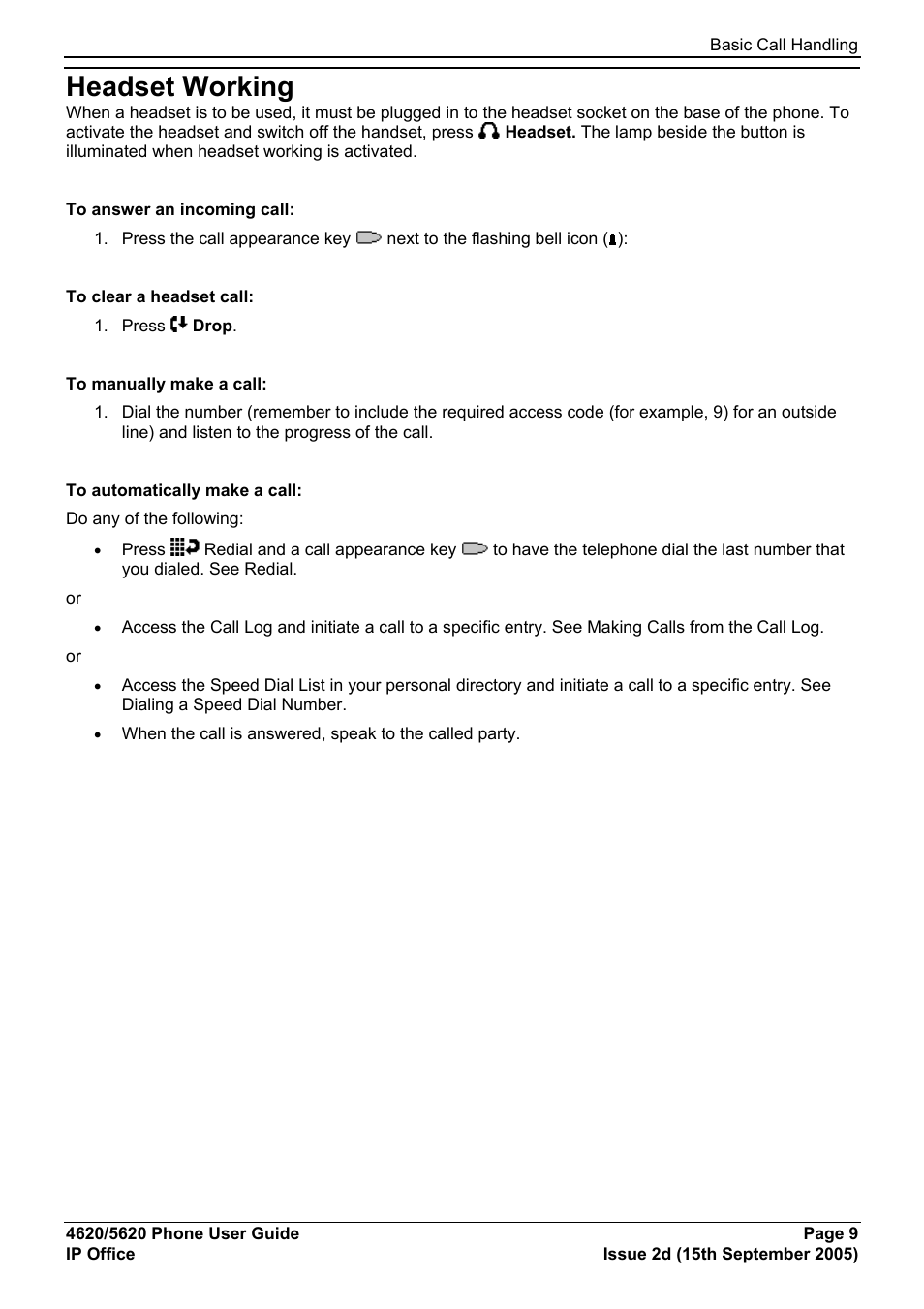 Headset working | Avaya 5620 User Manual | Page 9 / 44