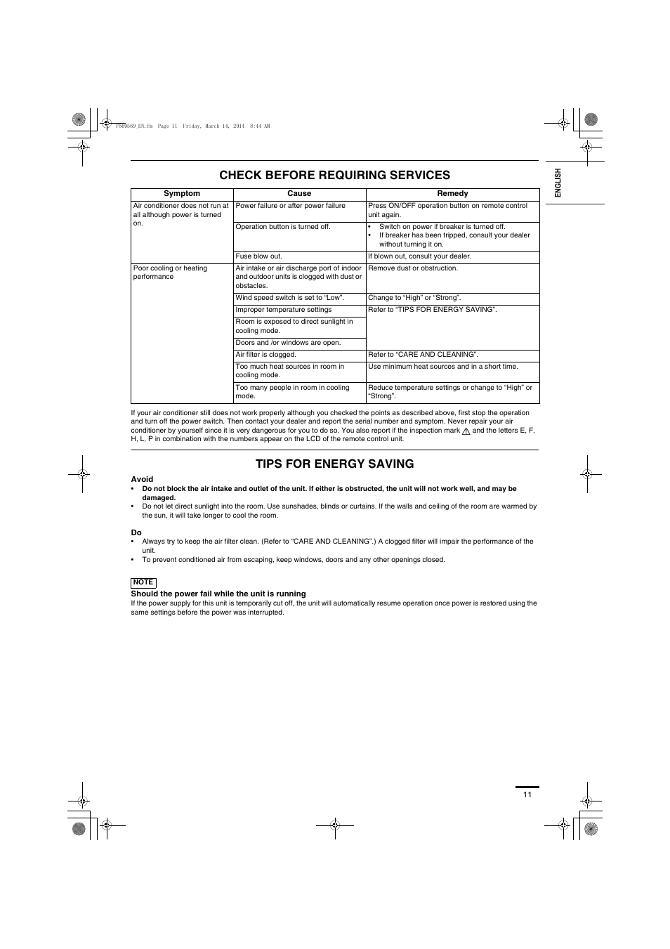 Check before requiring services, Tips for energy saving | Panasonic S73MZ1H4A User Manual | Page 11 / 68