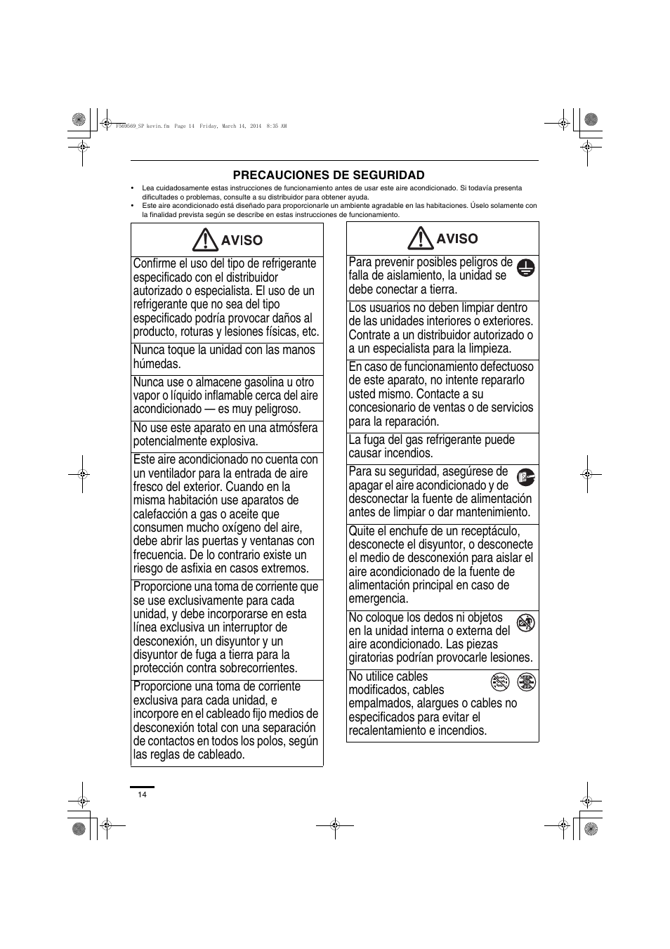Precauciones de seguridad | Panasonic S73MZ1H4A User Manual | Page 14 / 68