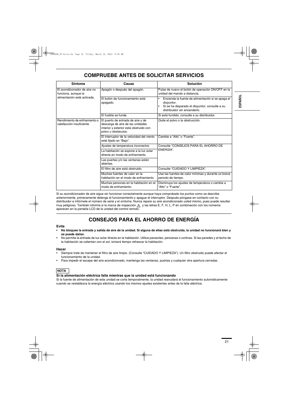 Compruebe antes de solicitar servicios, Consejos para el ahorro de energía | Panasonic S73MZ1H4A User Manual | Page 21 / 68